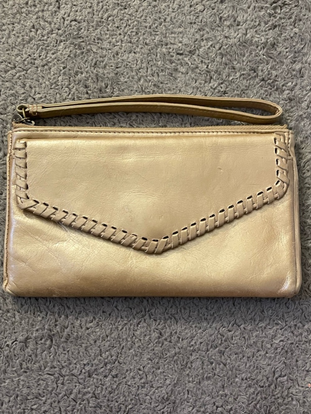 HOBO INTL Woven Trim Genuine Leather Clutch Wallet in Beige